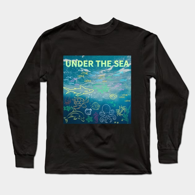 under the sea,blue sea,sea creatures,Turtle, puffer fish, starfish, shrimp, shark, tropical fish, sea horse, seaweed, sardines, squid, crabs, clams Long Sleeve T-Shirt by zzzozzo